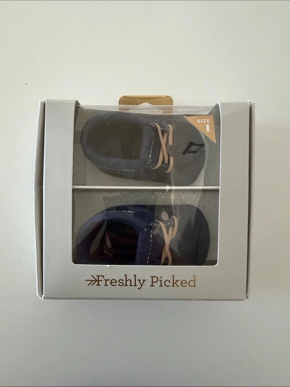 NWT Freshly Picked Navy Leather Oxford Baby Moccasins with Tan Laces size 1